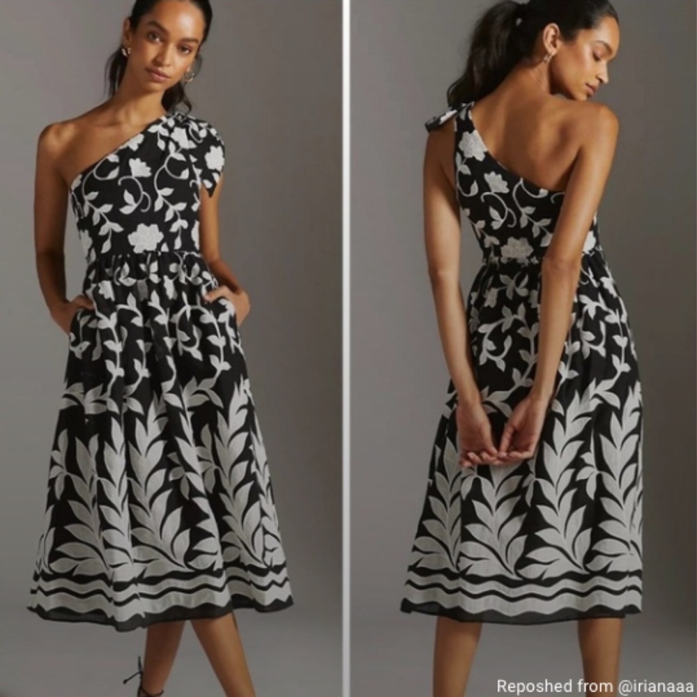 Anthropologie formal one shoulder embroidered midi dress with pockets size XS 0